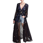 Bohemian Star Embroidered Maxi Dress Long Sleeve Cotton in White, Black Size S, M, L, XL