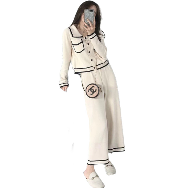 Women’s Classy Contrast Wide Pants 2 PCS 2024 Spring Suit White Apricot, True Black Size S, M, L