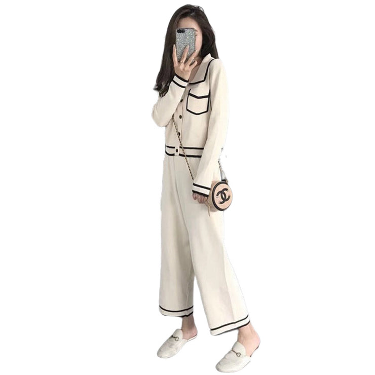 Women’s Classy Contrast Wide Pants 2 PCS 2024 Spring Suit White Apricot, True Black Size S, M, L