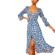 Empress Romantic Maxi Dress Asymmetrical Boho Slit Floral Blue Size S, M, L