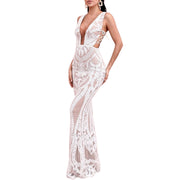 Aztec Queen Sexy Maxi Dress Laced Cut Out Sequin Bodycon Deep V Dinner Party White Size: S, M, L, XL