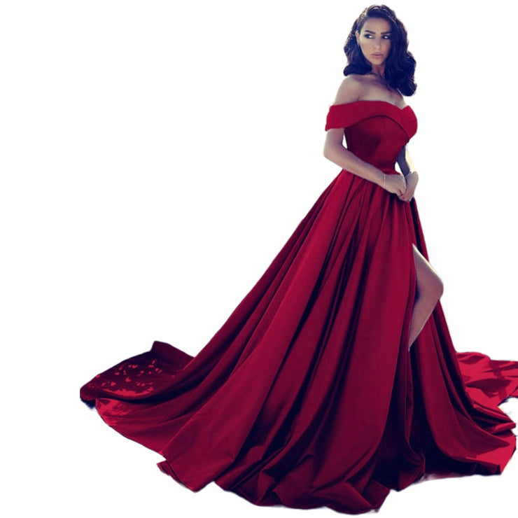 Princess Maxi Dress Long Gown High Slit Royalty Off Shoulder Party Dress in Red Wine Size: 2, 4, 6, 8, 10, 12, 14, 16 and 16W, 18W, 20W, 22W, 24W, 26W