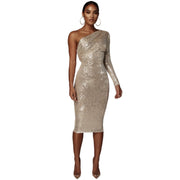 Effortlessly Dazzling Iced Glam One Shoulder Midi Dress in Gold, Silver, Black Size XS, S, M, L