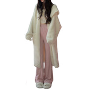 Hooded Faux Fur Mink Cardigan Spring Coat Knitted Chunky Long Handmade Clothing in White Size S, M, L, XL, 2XL