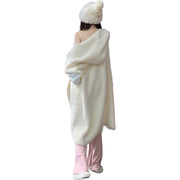Hooded Faux Fur Mink Cardigan Spring Coat Knitted Chunky Long Handmade Clothing in White Size S, M, L, XL, 2XL