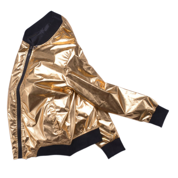 Futuristic Metallic Men Jacket in Gold and Silver Laser Stand Collar Cardigan