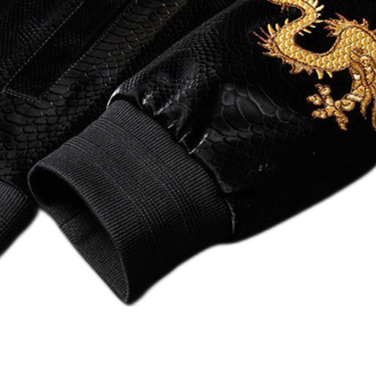 Dragon Year Men’s Jacket Gold Embroidered New Faux Leather Baseball Collar Size M, L, XL, 2XL, 3XL, 4XL