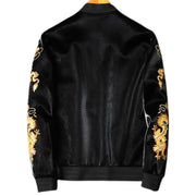 Dragon Year Men’s Jacket Gold Embroidered New Faux Leather Baseball Collar Size M, L, XL, 2XL, 3XL, 4XL