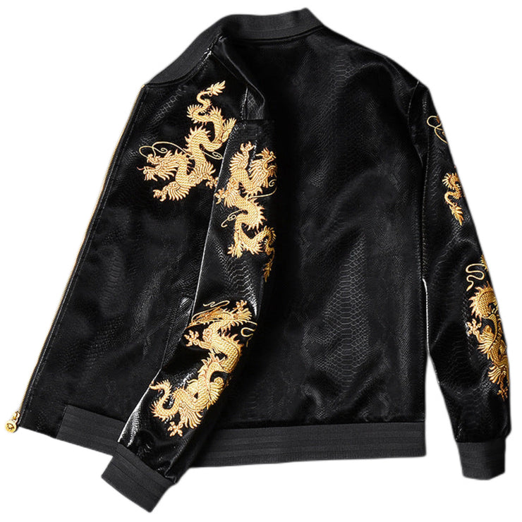 Dragon Year Men’s Jacket Gold Embroidered New Faux Leather Baseball Collar Size M, L, XL, 2XL, 3XL, 4XL