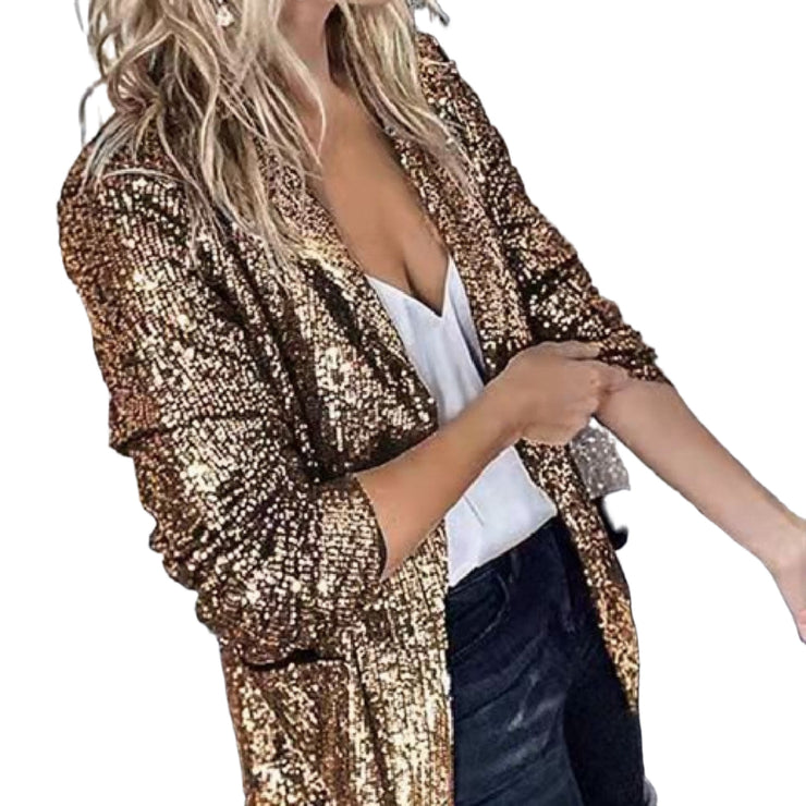 Women’s Classy Sequined Long Blazer in Gold / Black / Silver Size XS, S, M, L, XL