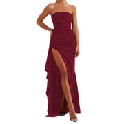 Regal Class Strapless Split Long Dress Pleated Bridesmaid Gown Party Color Black, Red, Wine Red, Blue, Green in Size S, M, L