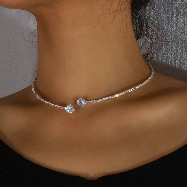 Rhinestone Heart Choker Open Collar Necklace Torques Jewelry in Gold and Silver