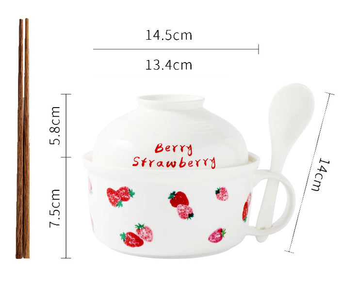 Strawberry Instant Noodle Bowl With Lid Ceramic Warming Tableware