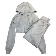 Cotton Hooded Sweatshirt and Pants Casual Sportswear Set Gray Solid Size XS, S, M, L