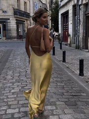 French Riviera Yellow Satin Maxi Dress Senior Sense Backless Holiday Size XS, S, M, L
