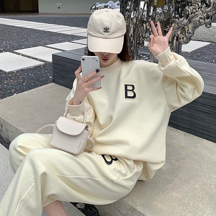 Celeb Sporty Outfit 2 PCS Set Letter B Sweatshirt and Pants Athleisure Beige Size S, M, L, XL, XXL