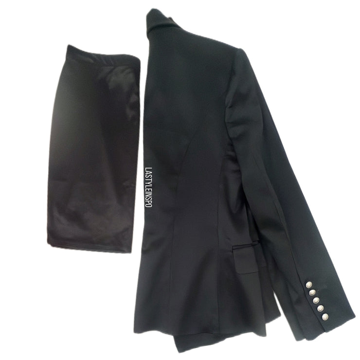 L’AGENCE Outfit Double Breasted Skirt Suit Black Silver Buttons Size 4
