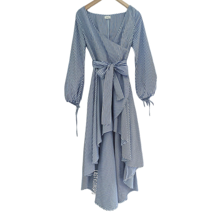 Tea & Cup Asymmetrical Dress Puffed Long Sleeved Stripped Blue Size M