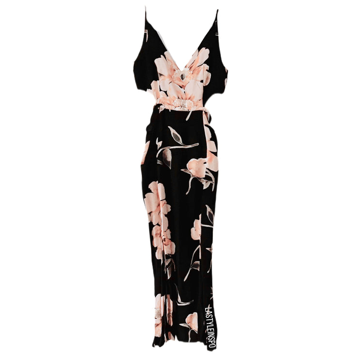 TOPSHOP Maxi Dress Slits Cutout Waist Floral Black Peach Size 2