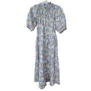 Exaggerated Puffed Bell Sleeved Maxi Dress Floral Blue Tan Size Small