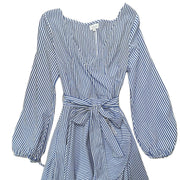 Tea & Cup Asymmetrical Dress Puffed Long Sleeved Stripped Blue Size M