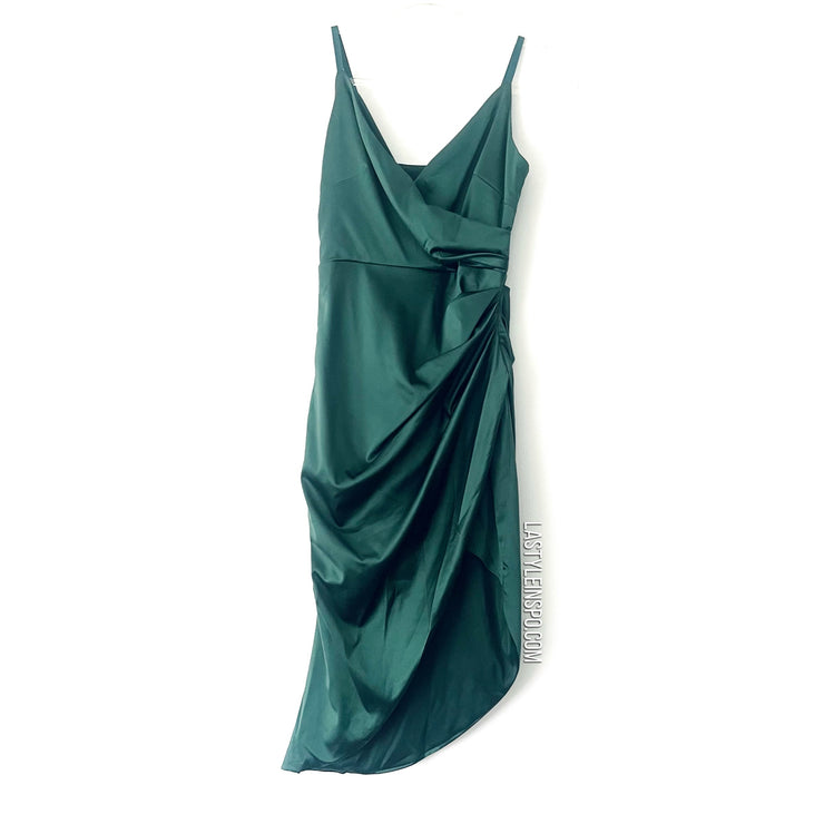 Asymmetrical Emerald Green Satin Dress Side Cut V Neck Size XS/S