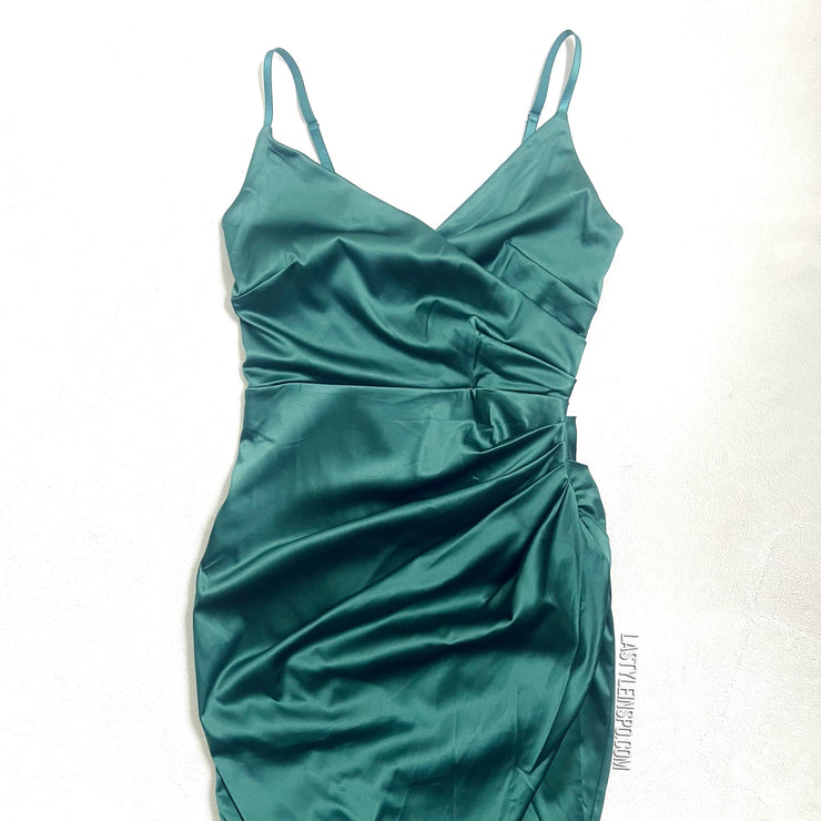 Asymmetrical Emerald Green Satin Dress Side Cut V Neck Size XS/S